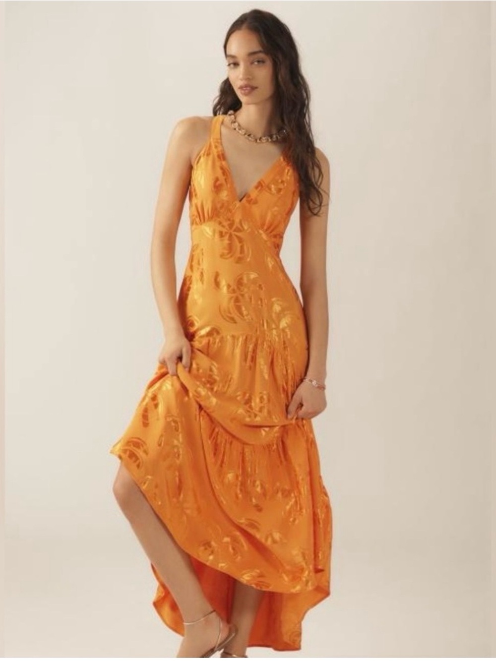 FARM Rio x Anthropologie Orange Gold Metallic Jacquard Maxi Dress S petite